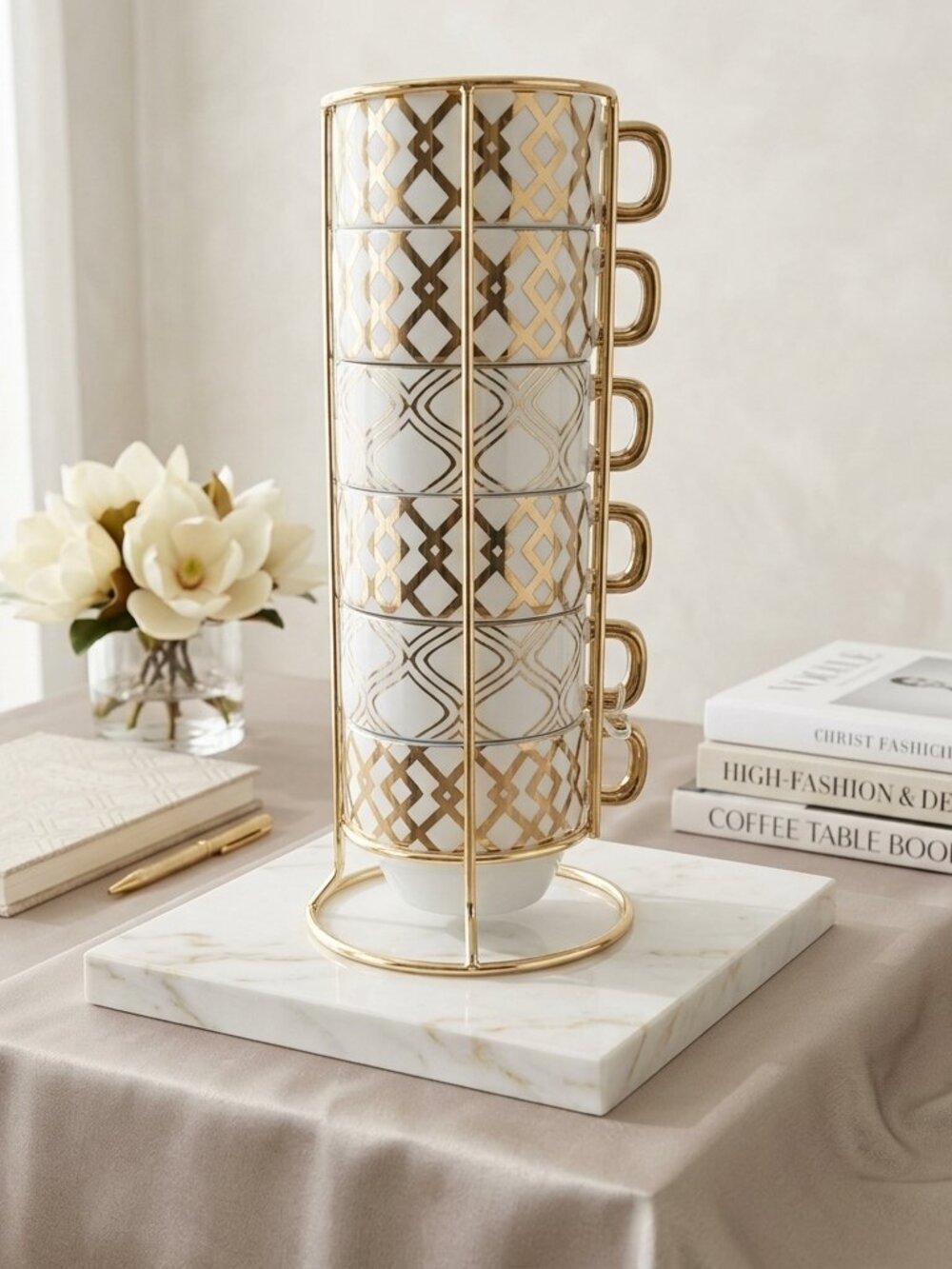 World Market Gold & White Geometric Mug Set with Metal Stand